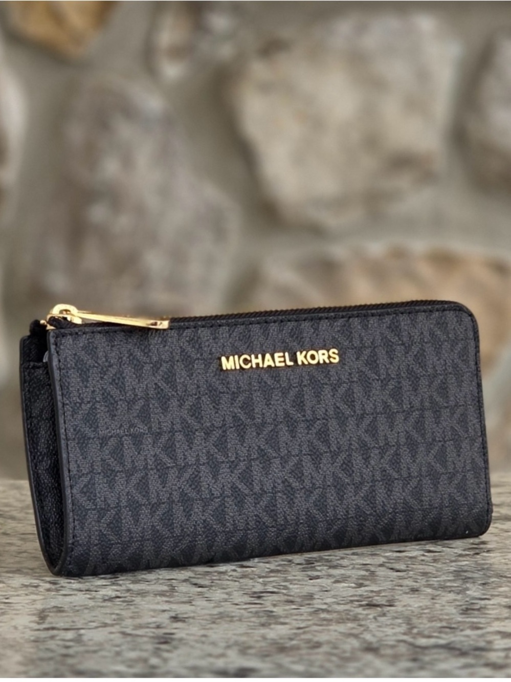 Michael Kors Dark Brown/Black Signature Zip Wallet with Gold Logo